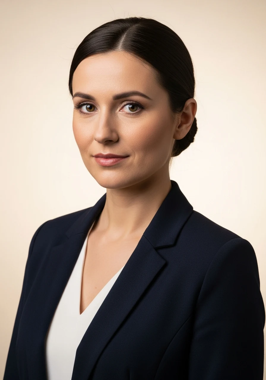 Finished example from a Keva.studio shoot: application-style headshot in a navy blazer, soft key light against a bone backdrop.