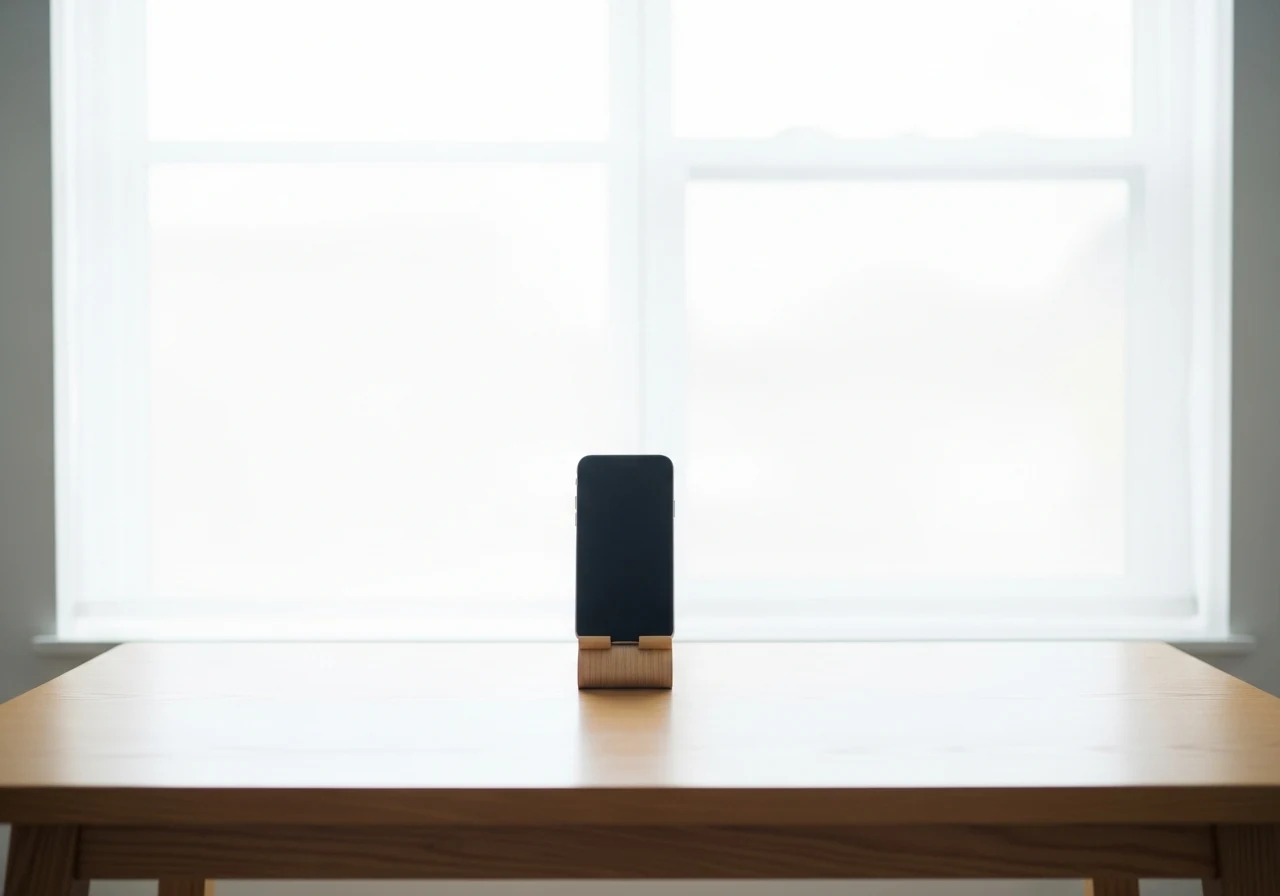 Phone propped on a small stand at eye level, facing a bright window — the setup we recommend for self-portraits